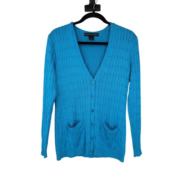 Ralph Lauren Black Label Sweaters - Ralph Lauren Black Label Women 100% Silk Cable knit Cardigan Sweater Size L Blue